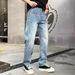 Men's Vintage Blue Distressed Jeans With Star Print – Relaxed Fit Straight Leg Casual Pants For Spring & Autumn_mkmklike.com