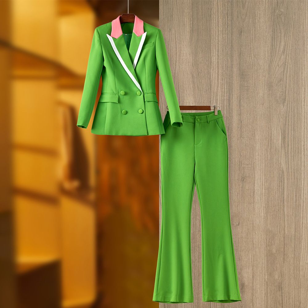Women's emerald green spliced suit collar top wide-leg trousers temperament fashion two-piece trouser suit_mkmklike.com