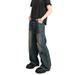Folded Slightly Pulled Jeans Men's Straight Loose Wide-leg American High Street Pants Trendy Versatile Washed Retro Trousers_mkmklike.com