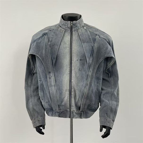 Men's Clothing Vintage Distressed Denim Jacket For Men – Oversized Workwear Coat With Stand Collar, Streetwear Fashion Faded Blue Comfortable Stylish_mkmklike.com