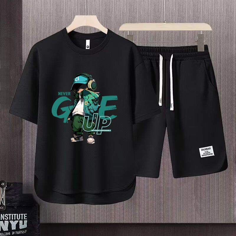 Men's Clothing 2024 Waffle Casual Summer Suit Men's Loose Teen Short sleeved T shirt Shorts Handsome Two piece Suit_mkmklike.com