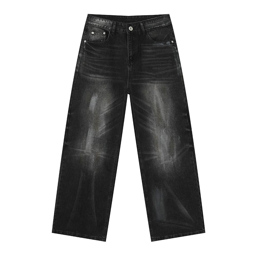 Men's American High Street Jeans – Vintage Washed Straight-Leg Denim Pants With Whisker Fading & Relaxed Fit (S-XL, Mid-Rise, Zip Fly)_mkmklike.com