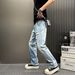 Slim Fit Men's Ripped Jeans Light Blue Straight Leg Washed Denim Slightly Flared Long Durable Harem Pants_mkmklike.com