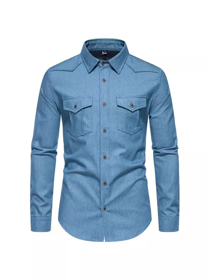 Pulse European And American Autumn New Long Sleeve Casual Multi-Pocket Denim Cardigan Shirt Cross-Border Men's Clothing_mkmklike.com