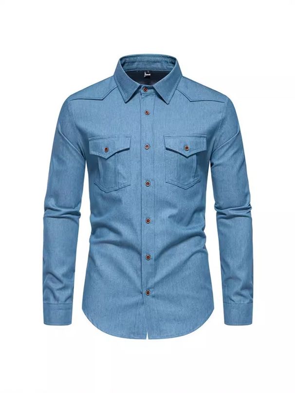 Pulse European And American Autumn New Long Sleeve Casual Multi-Pocket Denim Cardigan Shirt Cross-Border Men's Clothing_mkmklike.com