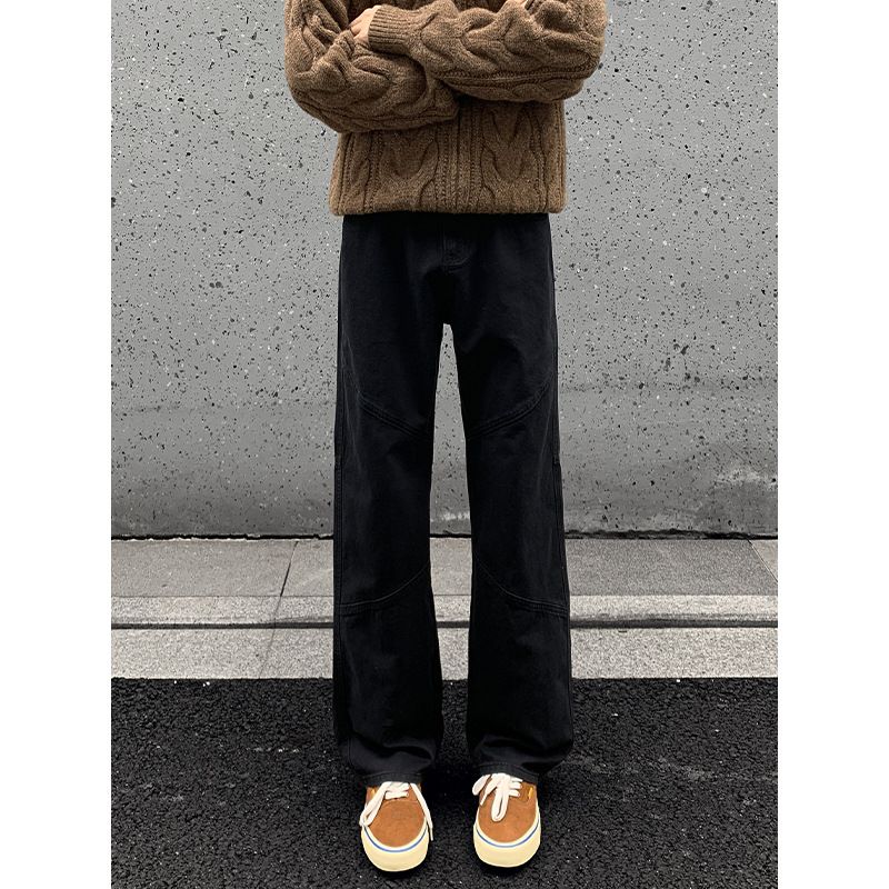 American-style High Street Men's Jeans, Autumn Trendy Patchwork Micro-flared Work Pants, Vintage Versatile Solid Color_mkmklike.com