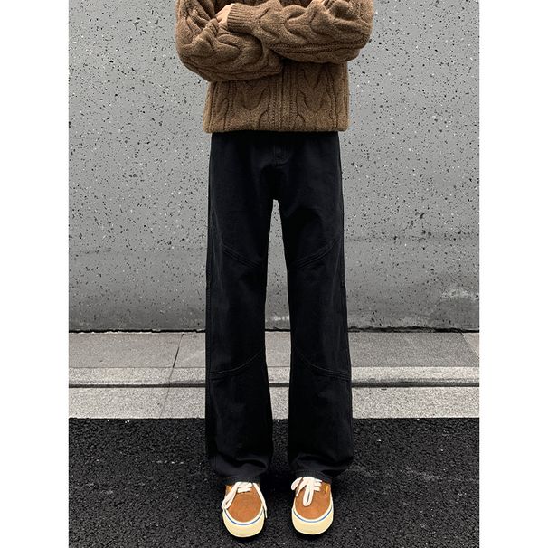 American-style High Street Men's Jeans, Autumn Trendy Patchwork Micro-flared Work Pants, Vintage Versatile Solid Color_mkmklike.com