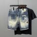 Men's Personalized Embroidery Denim Shorts Casual Straight Small Hole Trendy Non-Elastic Summer_mkmklike.com