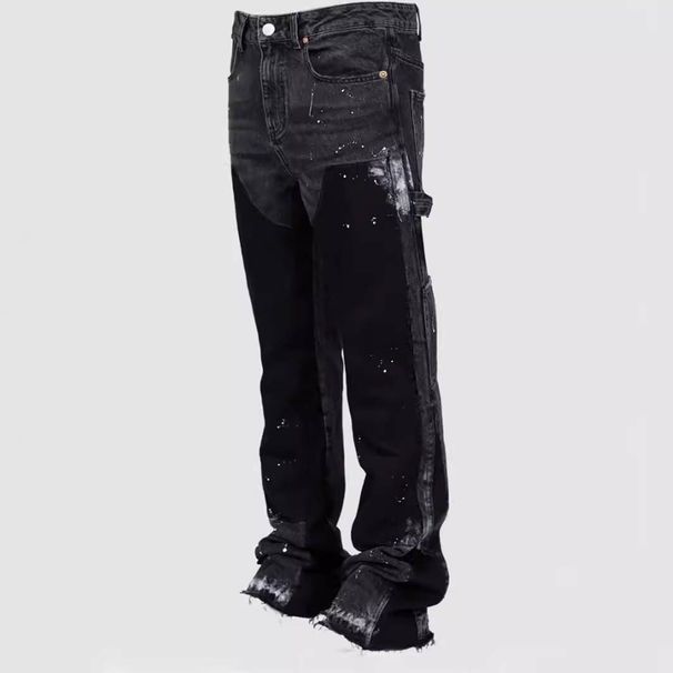 Men's Japanese Vintage Washed Jeans - 65% Cotton Straight-Leg Denim Pants (Black-Gray/Deep Blue, S-XL)_mkmklike.com