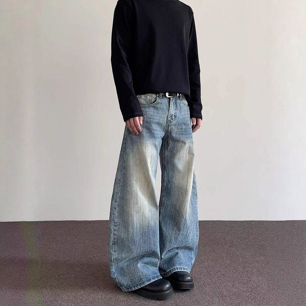 Men's Clothing Vintage-Inspired Distressed Bamboo Knot Bootcut Jeans For Men - Cleanfit Straight Leg Denim Pants With Retro Wash (Blue, S-XXXL)_mkmklike.com