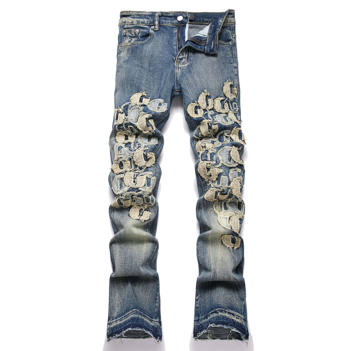 Men's Blue Retro High Street Motorcycle Jeans Stretch Embroidered Flared Trendy Youth Clothing 2026 Cross Border Trade Style 3833_mkmklike.com