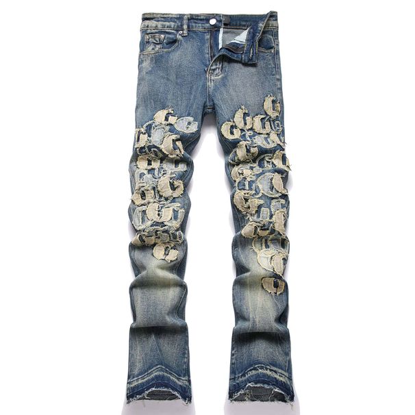 Men's Blue Retro High Street Motorcycle Jeans Stretch Embroidered Flared Trendy Youth Clothing 2026 Cross Border Trade Style 3833_mkmklike.com