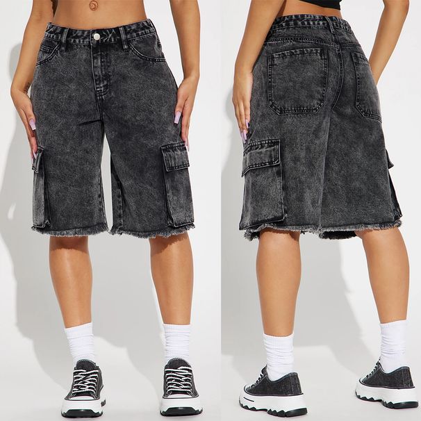 Streetwear Distressed Denim Cargo Shorts For Women – Mid-Length Washed Cotton Blend With Raw Hem & Utility Pockets_mkmklike.com