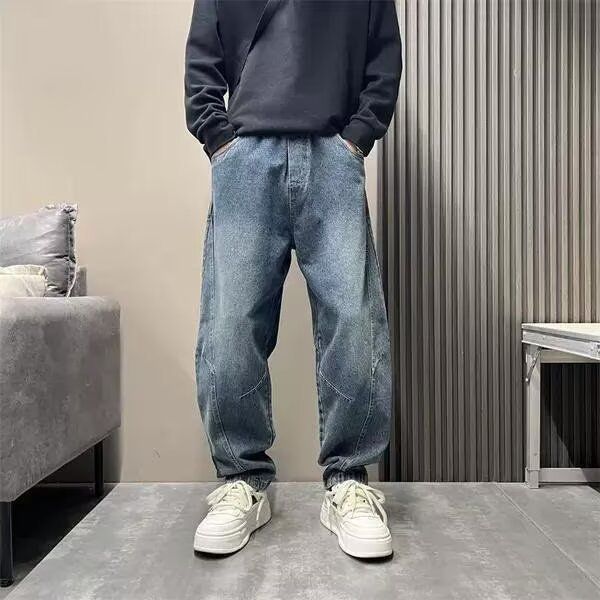 Men's Clothing High Street American Retro Washed Distressed Jeans Vintage Washed Distressed Denim Jeans - Relaxed Straight Leg Retro Streetwear Style_mkmklike.com