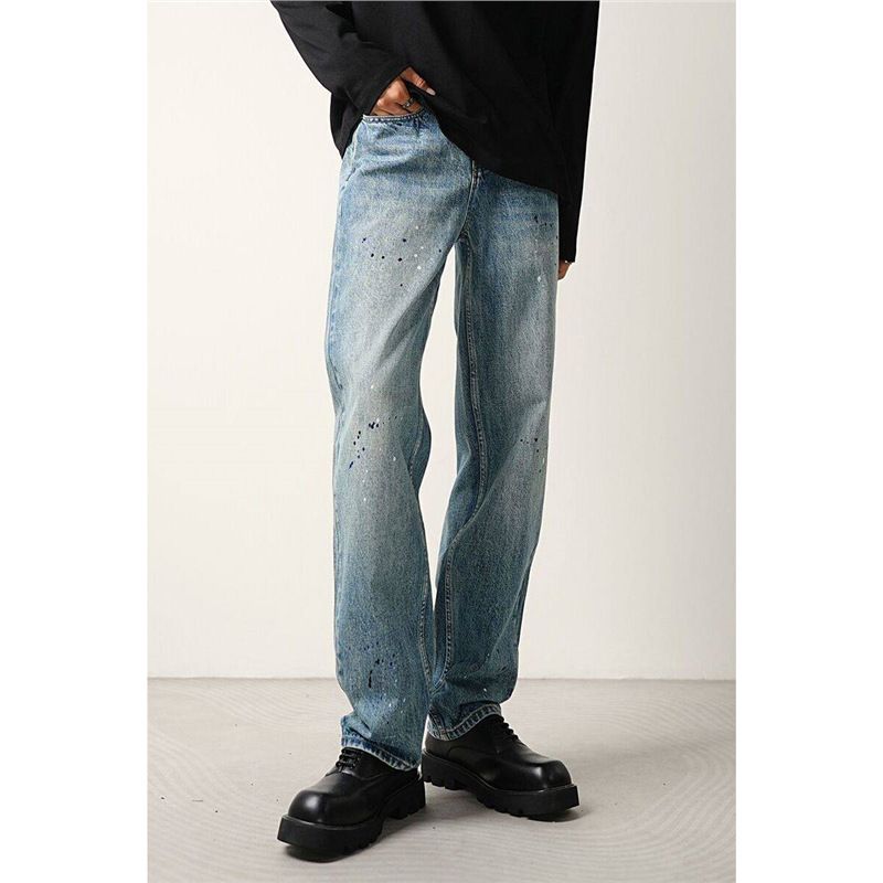 New Spray-Paint Washed Jeans – Men’s Oversized Straight-Leg Streetwear Pants | Light Wash Distressed Denim (Blue, S-3XL)_mkmklike.com