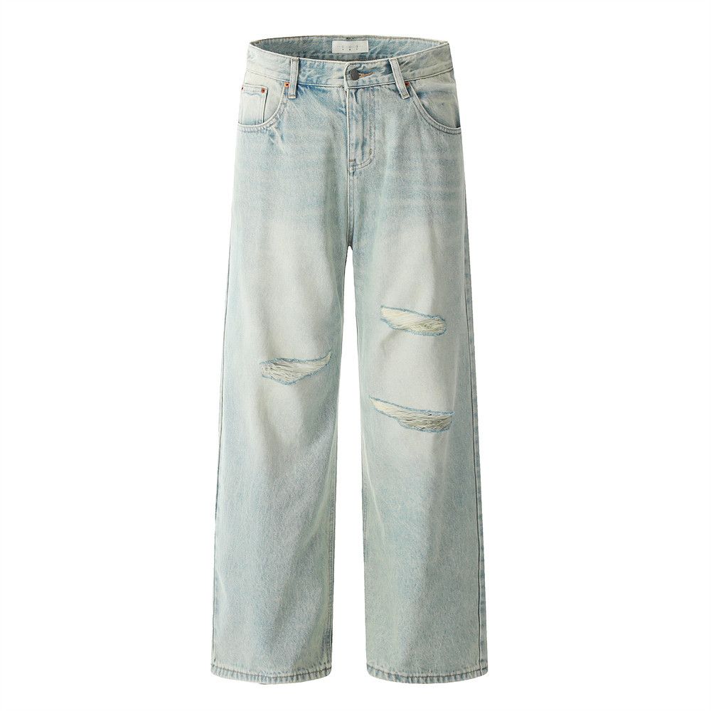 Men's Ripped Jeans Casual Long Trendy Punk Wasteland Light Washed Distressed Loose Wide-Leg Straight Pants_mkmklike.com