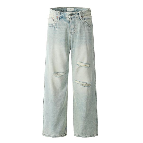 Men's Ripped Jeans Casual Long Trendy Punk Wasteland Light Washed Distressed Loose Wide-Leg Straight Pants_mkmklike.com