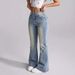 Women's Low Rise Flared Jeans European American Style Retro Washed Studded Pants Denim Casual High Waist Trousers_mkmklike.com