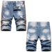 "Men's Reflective & Hand-Painted Denim Shorts – Trendy Mid-Length Streetwear With Colorful Webbing Holes (Sizes 28-42, Blue/Black)"_mkmklike.com