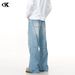 Vintage Washed Blue Straight Leg Jeans For Men & Women - Relaxed Fit Retro Denim Pants With Distressed Details_mkmklike.com