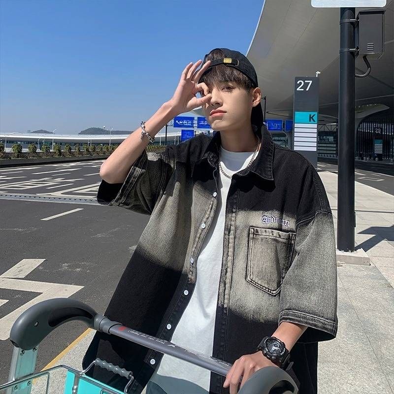 Men's Clothing Gradient Color Denim Short Sleeved Shirt Summer Jacket High Street Handsome Five Point Sleeves Trendy Half Sleeve Shirt_mkmklike.com