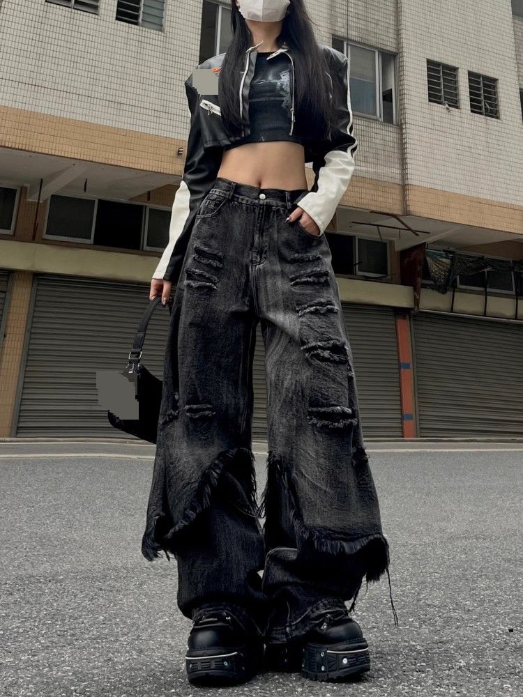Men's Clothing High Street Two Piece Distressed Workwear Jeans Women's Wide Leg Hiphop Street Hip Hop Raw Edge Trousers_mkmklike.com