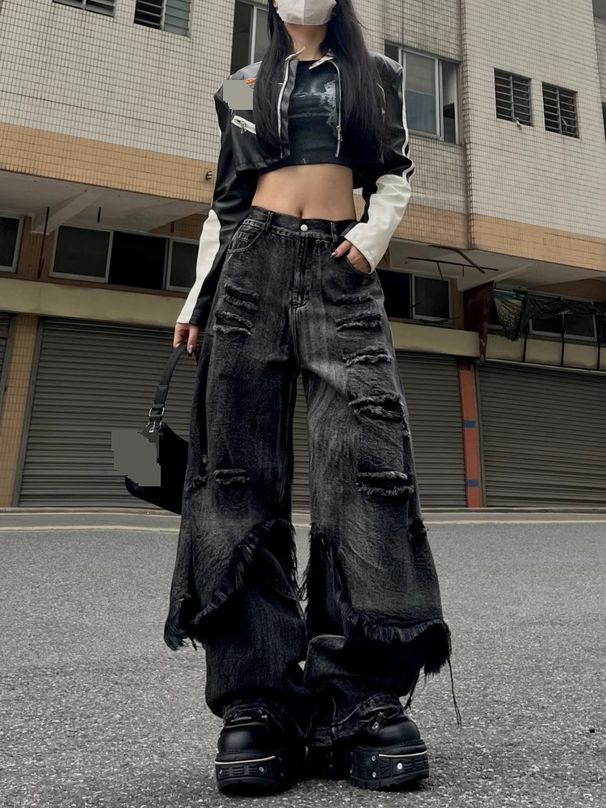 Men's Clothing High Street Two Piece Distressed Workwear Jeans Women's Wide Leg Hiphop Street Hip Hop Raw Edge Trousers_mkmklike.com
