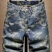 Men's Vintage Jacquard Denim Shorts - Retro American Style Stretch Mid-Thigh Casual Shorts For Summer (Light Blue)_mkmklike.com