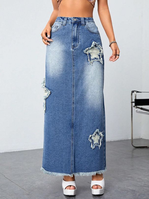 Women's Clothing Raw Edge Skirt Star Worn Denim Skirt High Waist Slit Jeans_mkmklike.com
