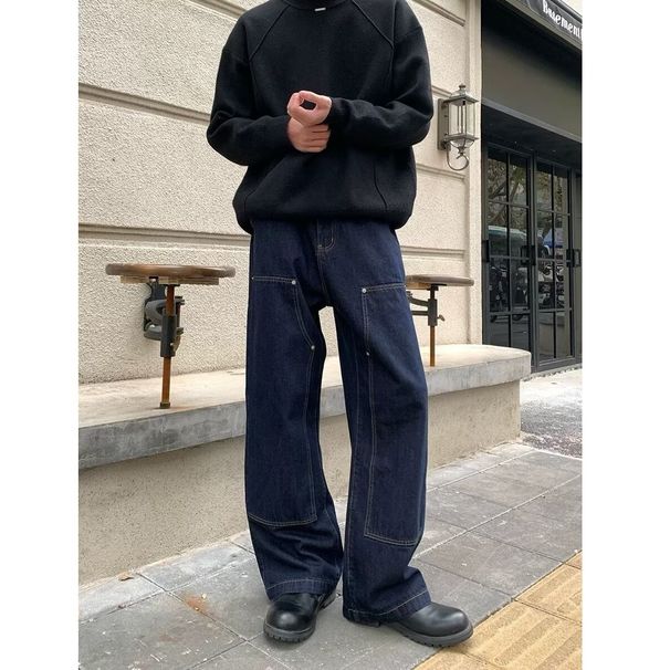 13oz Raw Selvedge Denim Jeans – A-Line Wide Leg Workwear Pants With Double-Knee Reinforcement (Unisex Heavyweight, Non-Stretch, Undyed Indigo)_mkmklike.com