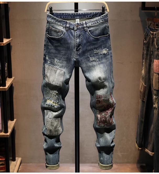 Men's Slim Fit Chinese Dragon Embroidered Jeans - High Street Distressed Patchwork Denim Pants For Casual Wear_mkmklike.com