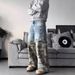 Men's Camouflage Faux Suede Patchwork Jeans High Street Style Loose Straight Leg Vintage Cool Sophisticated Two-Piece Pants_mkmklike.com