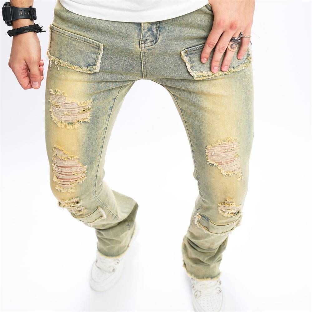 Spring 2025 European-USA Fashion Jeans Men's Mid Waist Elastic Abrasion Broken Hole Cowboy Pants_mkmklike.com