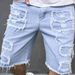 Men's Distressed Denim Shorts – Mid-Length Washed High-Street Cutoffs (Light Blue, 30-40 Waist, Cotton, Straight Leg, Raw Hem, No Stretch)_mkmklike.com