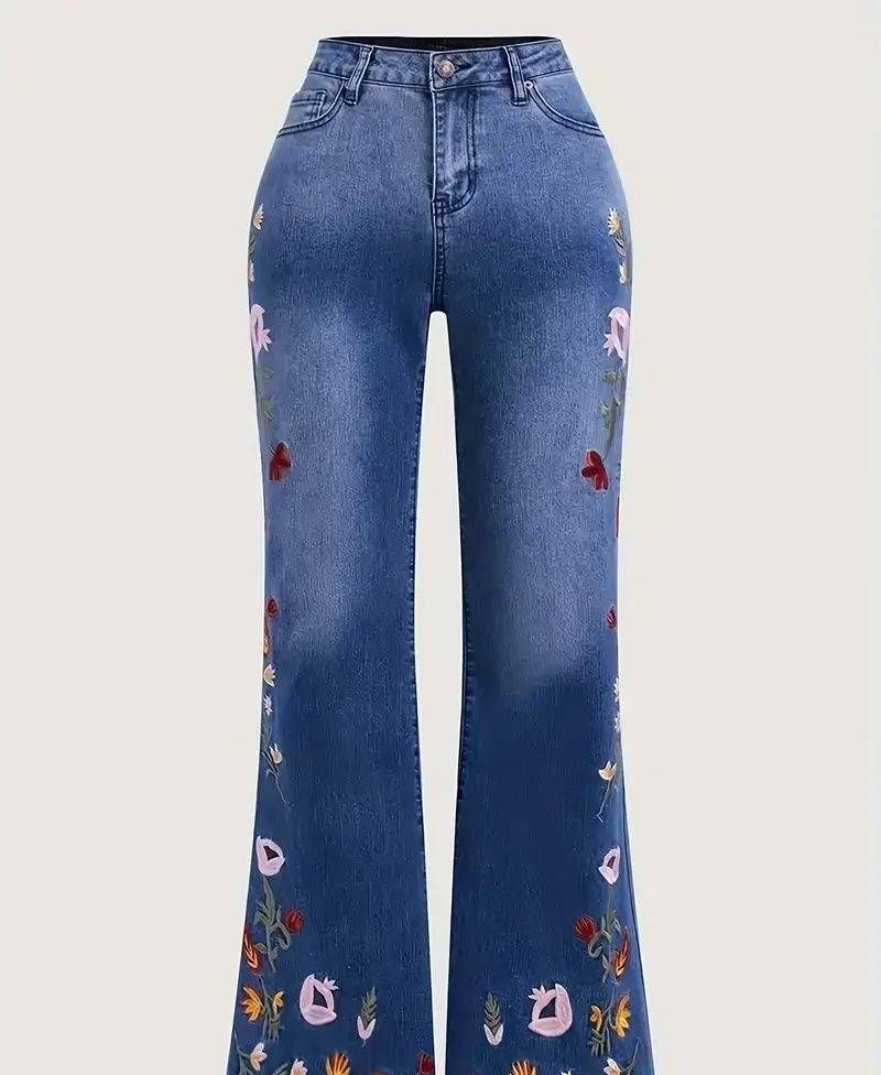 Women's High Elastic Embroidered Flared Jeans Comfortable Elegant Casual Style With Frayed Edges All Year Round_mkmklike.com