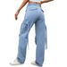 Women's Washed Workwear Cargo Pants With Ribbon Detail - High Waist Straight Leg Denim Pants For Casual Streetwear_mkmklike.com