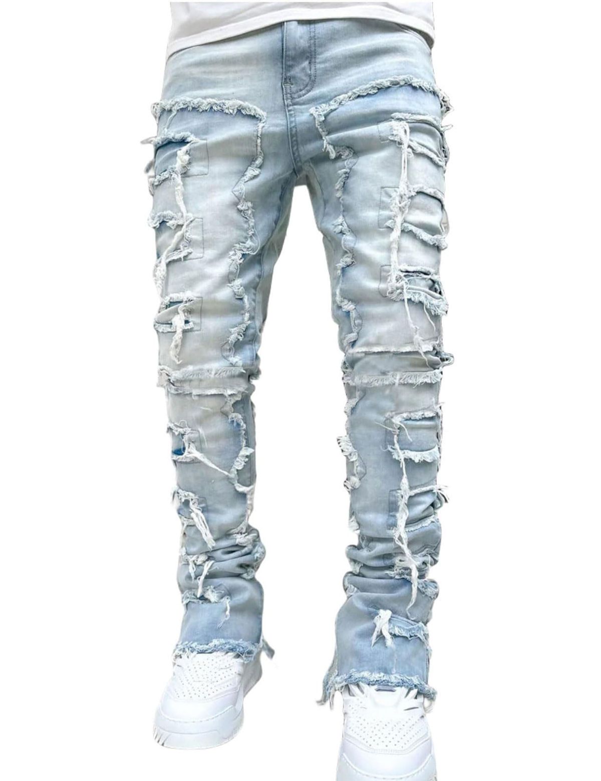 FantasyGears Mens Stacked Ripped Jeans Y2k Distressed Denim Pants Skinny Slim Fit Stretch Biker Jeans_mkmklike.com