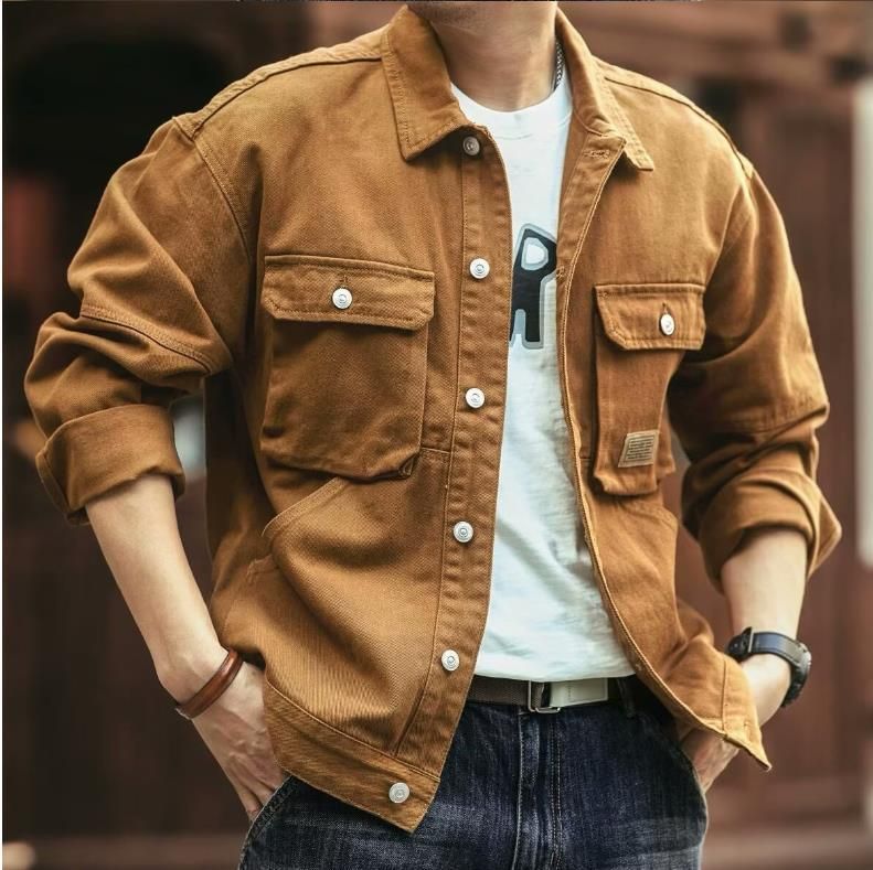 High-end Tooling Jacket Men's Spring And Autumn Trendy Brand Loose American Retro Lapel Jacket Casual Ruffian Handsome Denim_mkmklike.com