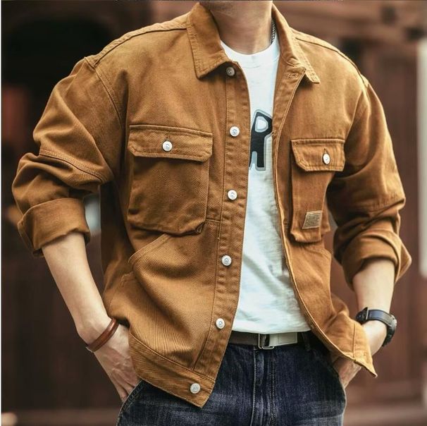 High-end Tooling Jacket Men's Spring And Autumn Trendy Brand Loose American Retro Lapel Jacket Casual Ruffian Handsome Denim_mkmklike.com