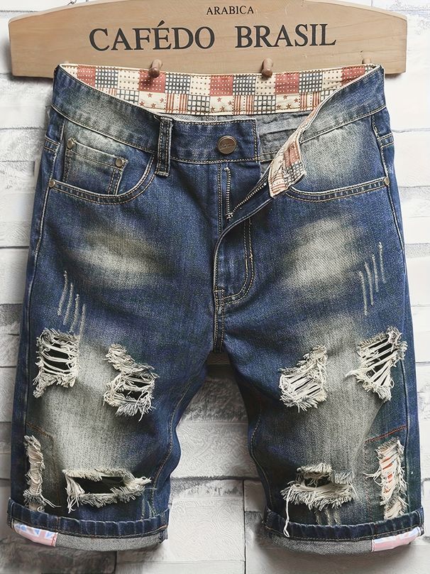 Men's Denim Shorts With Torn Holes And Fabric Patches, Men's Underwear, Summer Shorts, Straight Leg, Worn Patches, Patterned Colors_mkmklike.com
