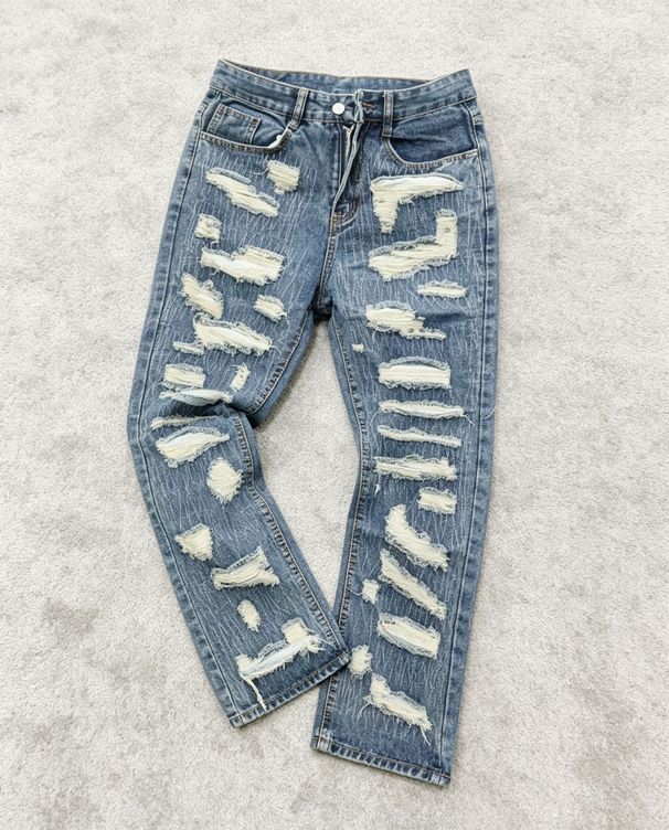 Men's Clothing Retro Heavy Industry Damage Erosion Patch Design Jeans High Street Hole Cleanfit Pants_mkmklike.com