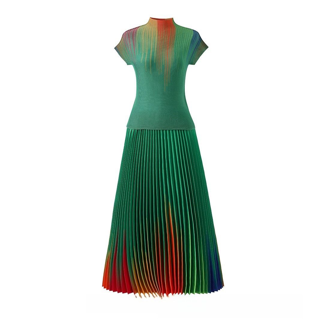 Women's Clothing rainbow print short sleeved loose skirt women's two piece suit_mkmklike.com