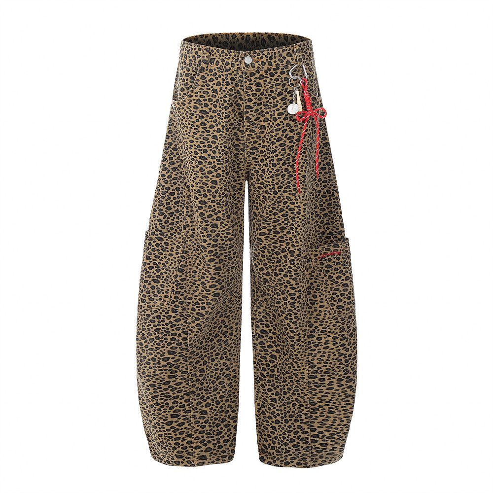 American Style Leopard Print Jean Men' Scimitar High Street Trendy Brand Pendant Deign Looe Wide-Leg Cargo Long_mkmklike.com