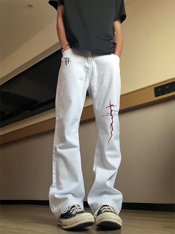 American Printed Jeans Unisex Spring Summer Cool Versatile Slim Straight Flared Pants High Street White_mkmklike.com