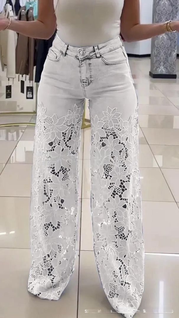High-Waisted Wide-Leg Jeans With Lace Trim – Stylish & Breathable Palazzo Pants (Light Blue/Dark Blue/Gray/White/Black)_mkmklike.com