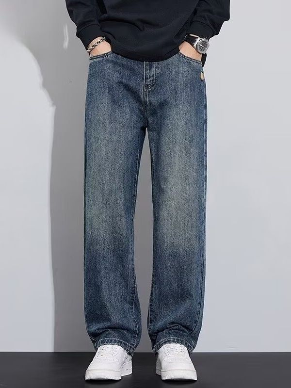 Men's Vintage Washed Jeans – High Street Distressed Denim Pants, Relaxed Fit Straight-Leg Trousers With Faded Details, Fall Collection_mkmklike.com