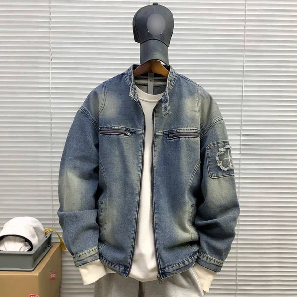 Men's Clothing Stand Up Collar Trendy Embroidered Denim Jacket For Men And Women, Spring And Autumn Retro Casual American Motorcycle Jacket_mkmklike.com