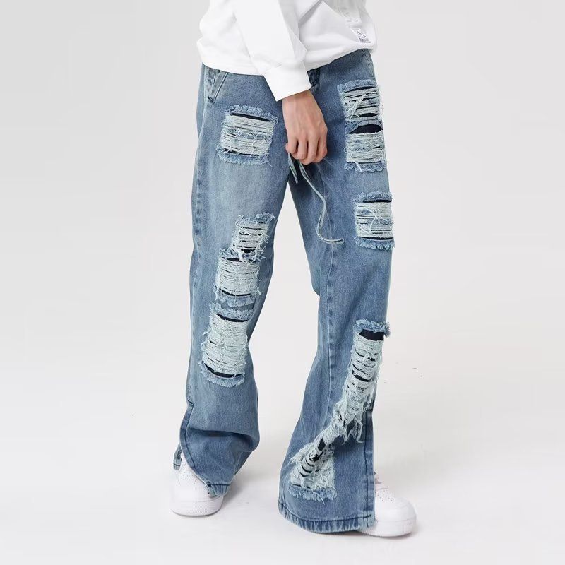 "Vintage Distressed Ripped Jeans Men's High Street Baggy Flare Pants With Embroidery – 90s Grunge Style, Oversized Fit, Retro Washed Denim_mkmklike.com