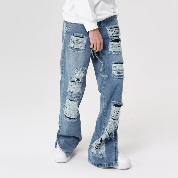 "Vintage Distressed Ripped Jeans Men's High Street Baggy Flare Pants With Embroidery – 90s Grunge Style, Oversized Fit, Retro Washed Denim_mkmklike.com
