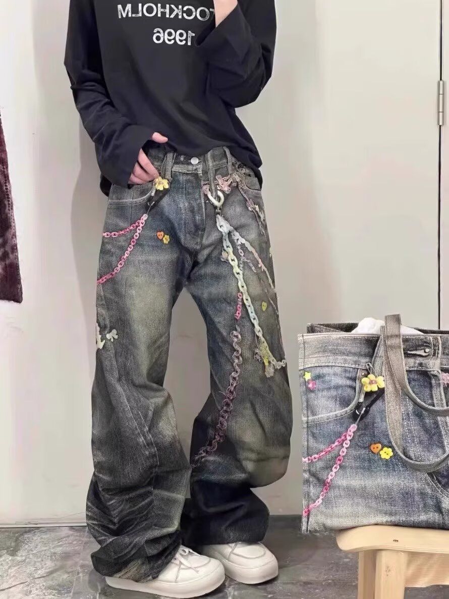 Spring New Candy Chain 3D Digital Print Oversized Jeans Couple Style Loose Trendy Scimitar Wide-Leg Pants_mkmklike.com